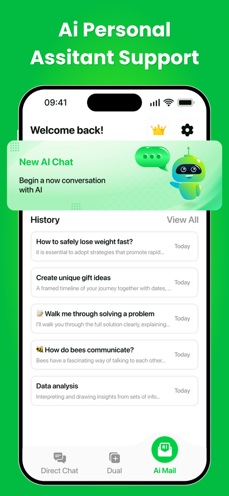 Interface of the Dual Accounts app showing the AI personal assistant chat history and support feature.