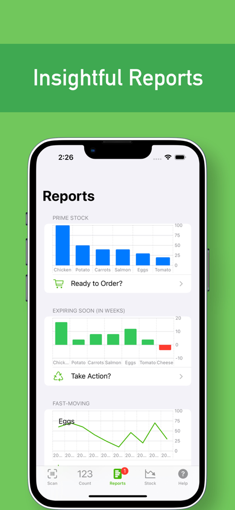 ChefStock 앱 보고서 화면에 재고 분석 및 음식물 쓰레기 추적 차트 표시