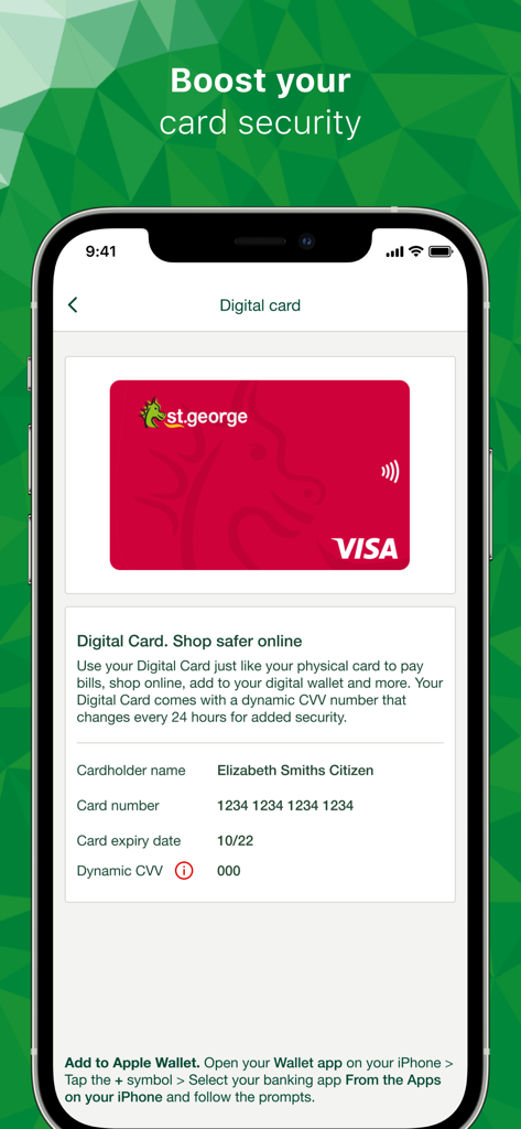 St. George Mobile Banking app digital card screen showing dynamic CVV for secure online shopping