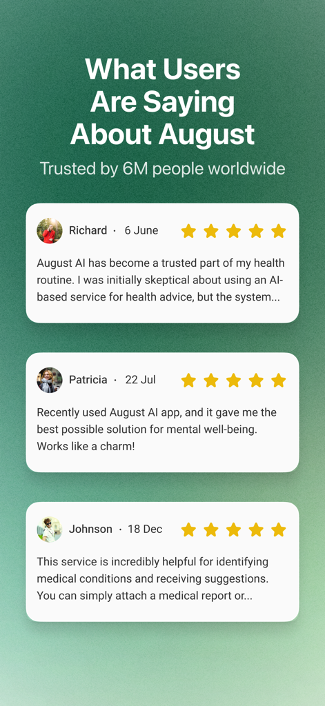 August, Your 24/7 Health AI - User testimonials and five-star ratings for the August health AI app.