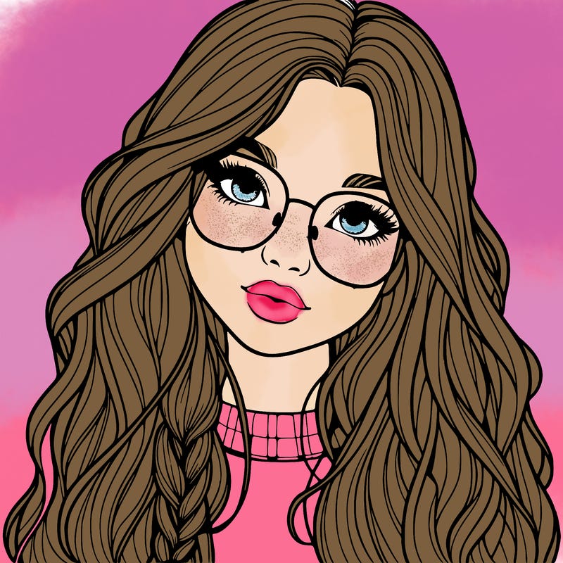 girl with long hair and freckles and glasses realistic