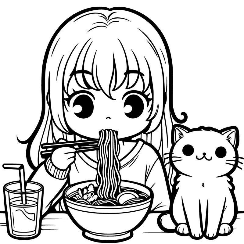 a girl eating ramen with a cat