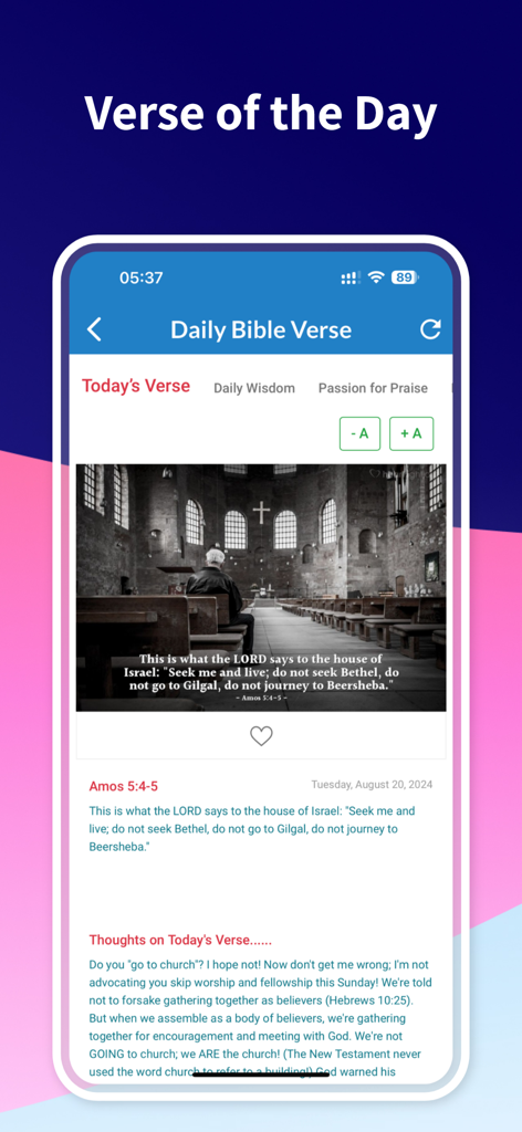 Holy Bible NIV - Audio & Verse - Pantalla de la aplicación Santa Biblia NIV que muestra la función de versículo del día con las escrituras y pensamientos devocionales