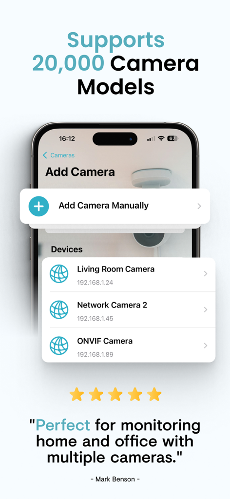 Smart Security Camera App - Ein Handybildschirm, der die Benutzeroberfläche zum Hinzufügen von Kameras der Smart Security Camera App mit einer Liste verbundener Geräte und einem Benutzer-Testimonial anzeigt.