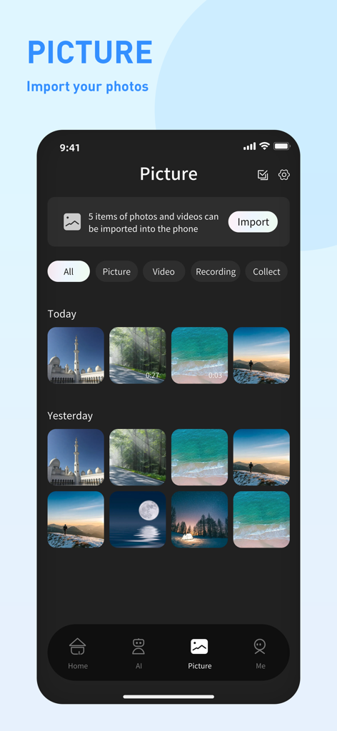 HeyCyan - HeyCyan app interface displaying photo and video gallery from smart glasses with an import button