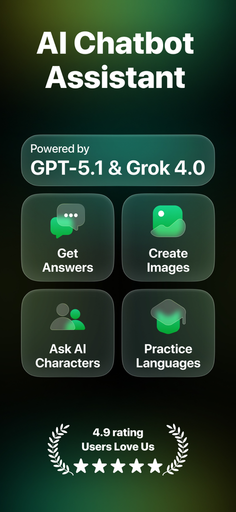 Dashboard of the Chat 5.0 app showing options for getting answers, creating images, asking AI characters, and practicing languages