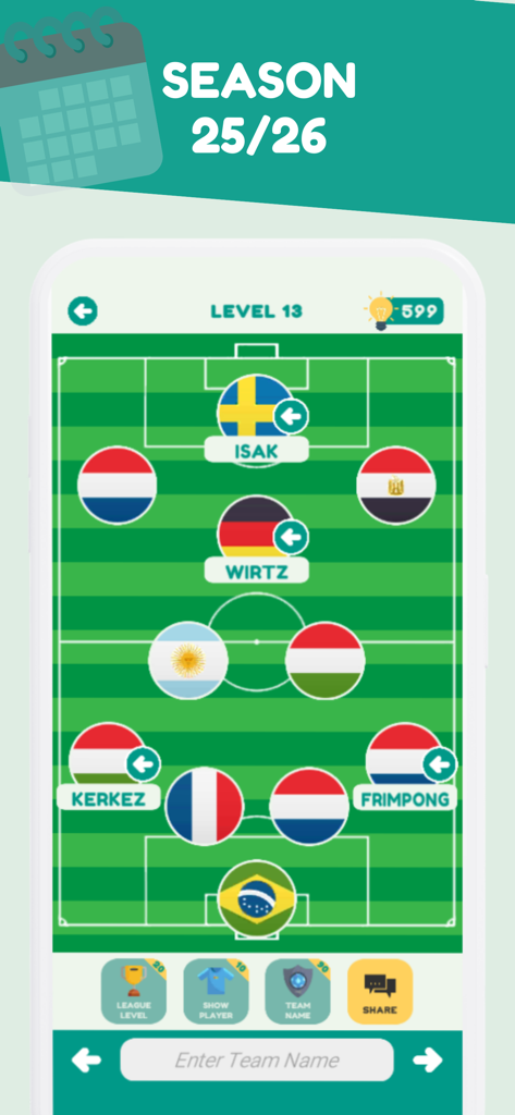 Guess the Football Team 2026 - Gameplay screen of Guess the Football Team 2026 showing a team lineup quiz based on player nationalities and names