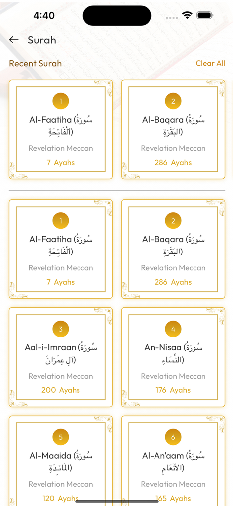 The Quran GPT - The Quran GPT app interface showing a list of Surahs with their titles and verse counts in a grid layout