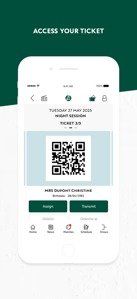 Digital ticket screen with QR code for tournament access on the Roland Garros app.