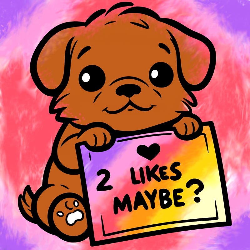 a puppy holding a sign that says 2 likes maybe?