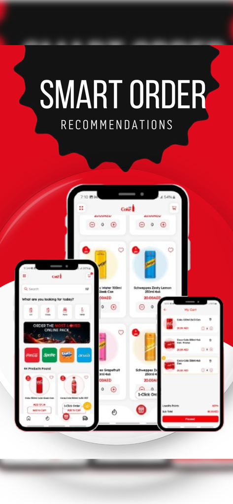 Coke B2Bアプリのインターフェースが複数の携帯電話画面でスマートな注文のおすすめを表示