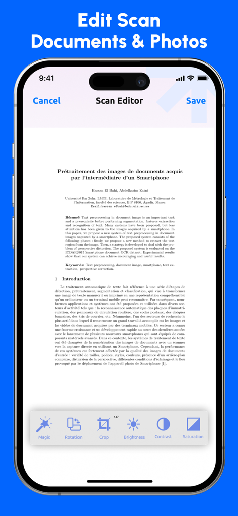 Mobile Scan-Editor-Oberfläche mit Werkzeugen zur Dokumentenbearbeitung wie Zuschneiden, Helligkeit und Kontrast