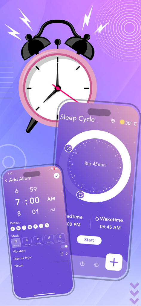 Interface of the Alarm Clock Smart Waking Up app showing sleep cycle settings and alarm customization