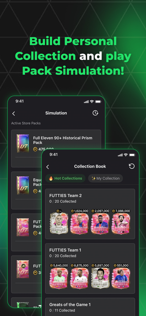 Mobile app screens showing pack opening simulation and player card collection book features.