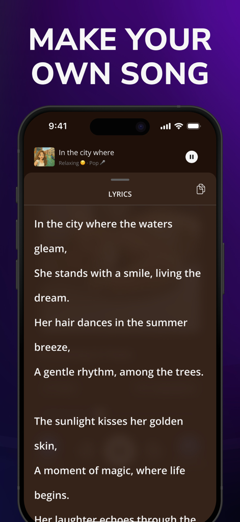 Interfaz de la aplicación Mozart AI Song Generator que muestra letras generadas para una canción pop relajante en la pantalla de un smartphone