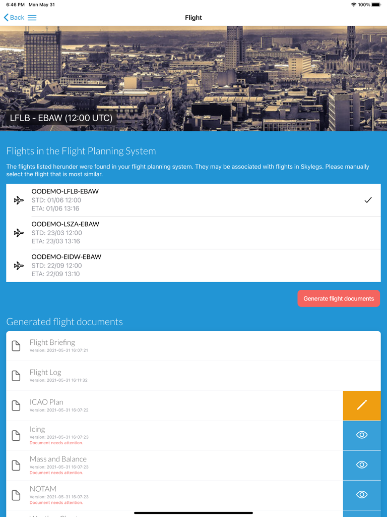 Skylegs EFB iPad interface showing flight selection and a list of generated flight documents