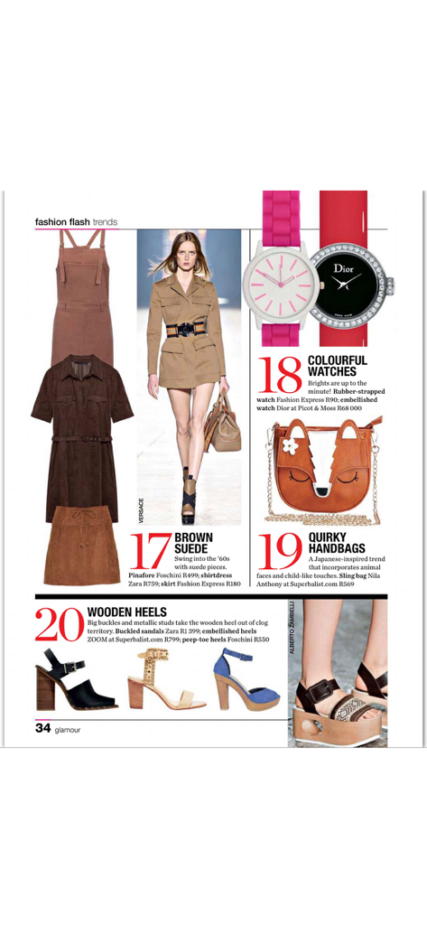GLAMOUR South Africa - Uma página de revista digital com roupas de camurça marrom, relógios coloridos, bolsas excêntricas e saltos de madeira.