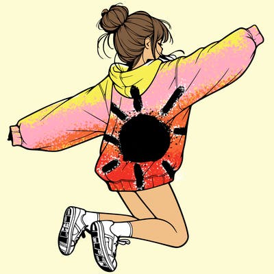 realistic girl jumping with a bun and oversized sweatshirt