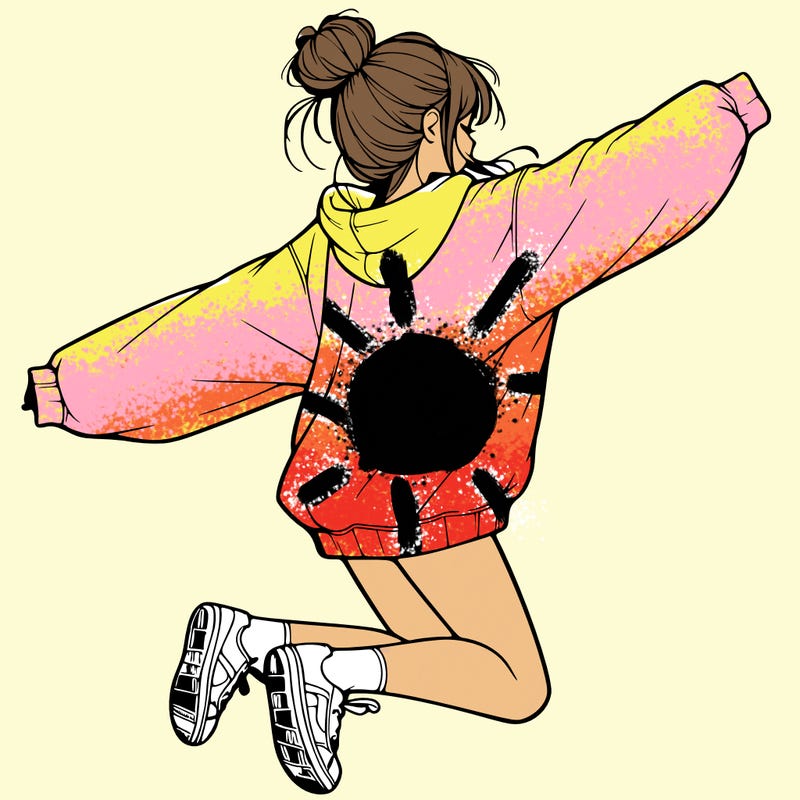 realistic girl jumping with a bun and oversized sweatshirt