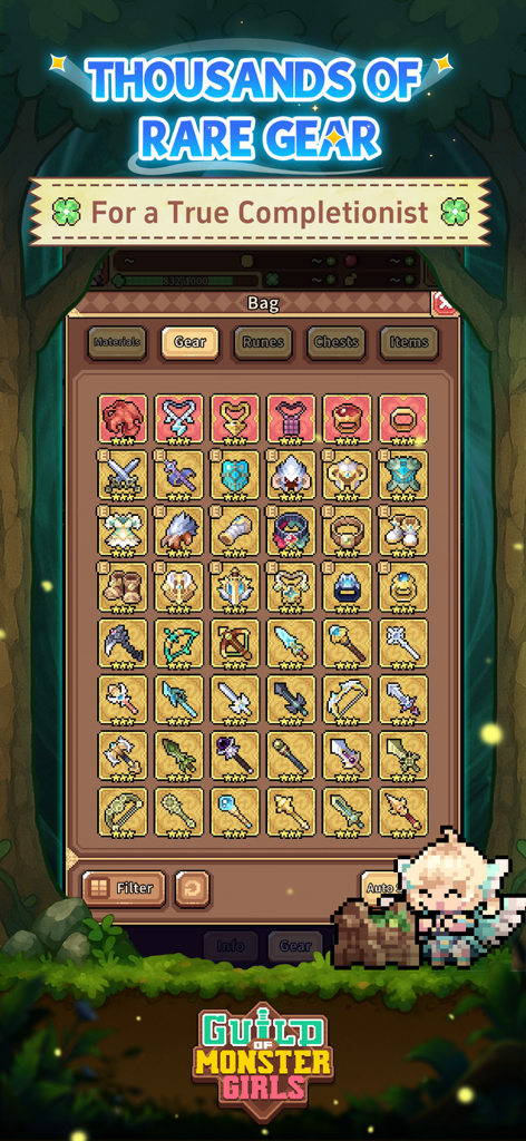 Guild of Monster Girls - Un écran d'inventaire en pixel art dans Guild of Monster Girls montrant une grande variété d'armes et d'équipements à collectionner pour les personnages de filles monstres.