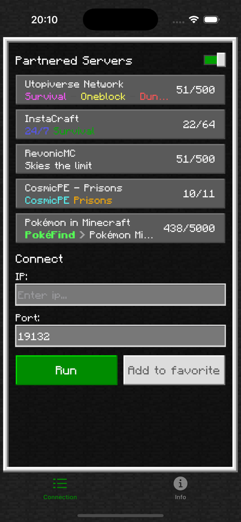 BedrockTogether app interface displaying a list of partnered Minecraft servers and fields to enter a custom server IP and port