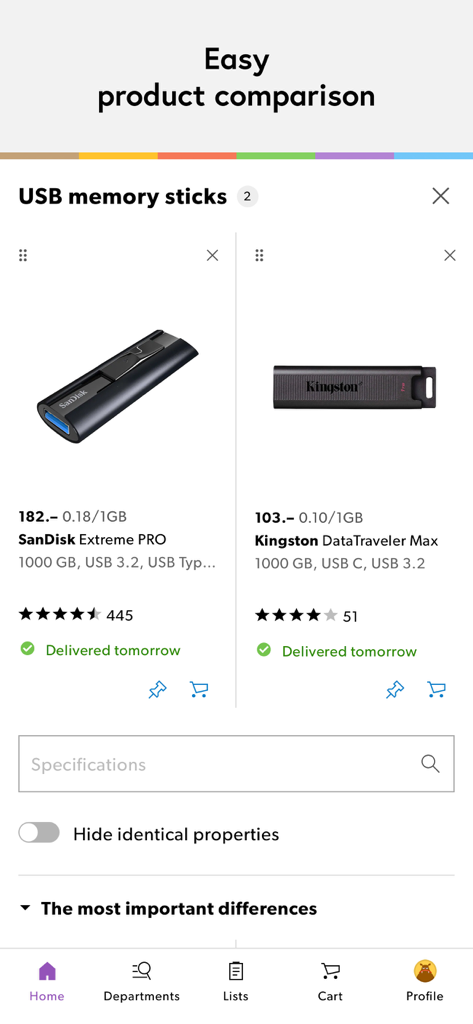 Galaxus – your online shop - 가격과 등급이 표시된 두 개의 USB 메모리 스틱 제품 비교 화면을 보여주는 Galaxus 앱 인터페이스.