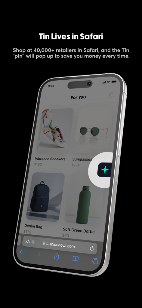 iPhone screen showing the Tin Safari extension pin over an online shopping site for automatic coupon application