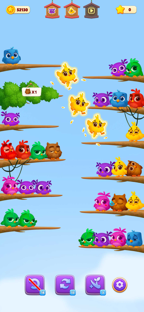 Chirpy Sort: Bird Color Puzzle - Colorful cartoon birds being sorted on tree branches in the Chirpy Sort puzzle game.