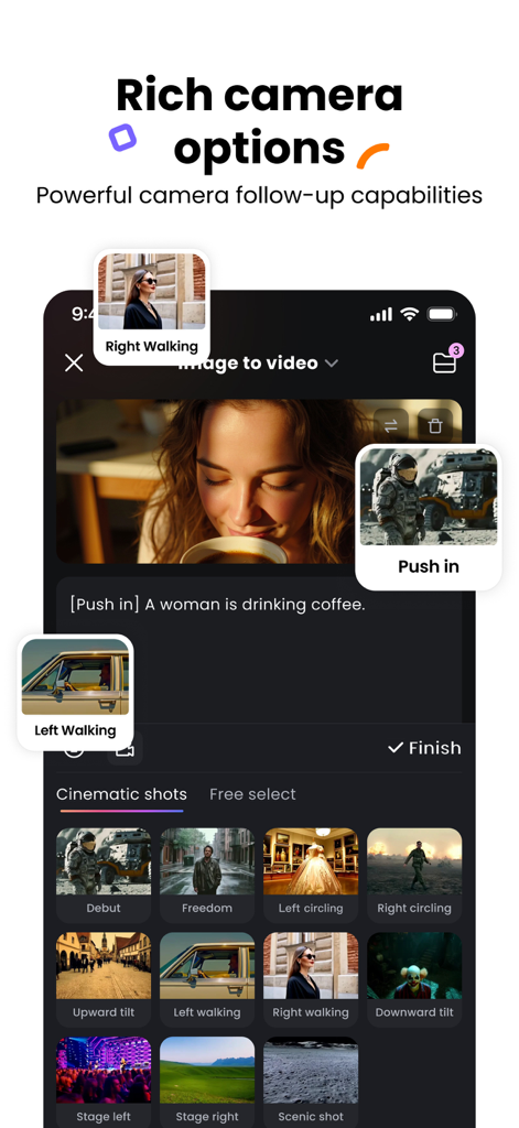 Interface do aplicativo Hailuo AI mostrando várias opções de movimento de câmera cinematográfica para geração de vídeo com IA