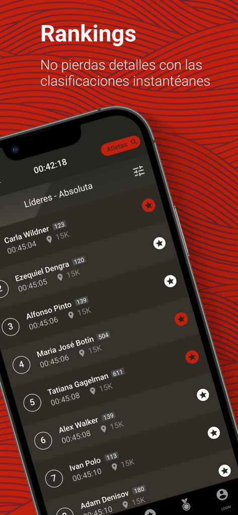 Pantalla de clasificaciones de la aplicación Generali Maraton Malaga que muestra la tabla de líderes y los tiempos de los corredores