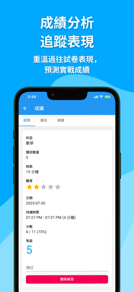 Ein mobiler Screenshot der thinka-App, der einen detaillierten Leistungsanalysebericht für eine Mathematik-Übungssitzung mit Punktzahlen und Noten zeigt.