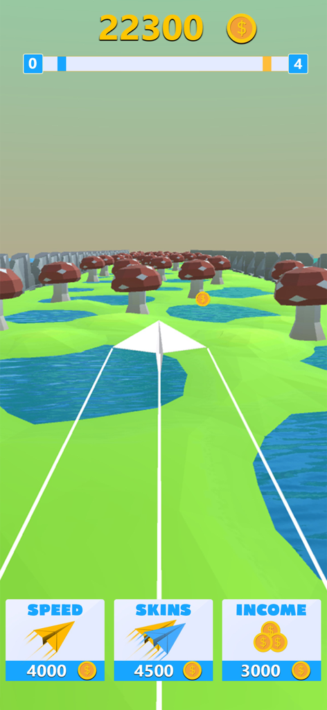 Fly Paper Plane Game - Un avión de papel blanco volando sobre un paisaje verde con setas rojas gigantes y UI del juego