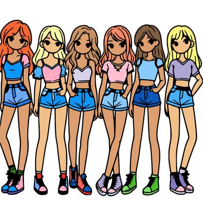 a group of girls wearing crop tops and shorts