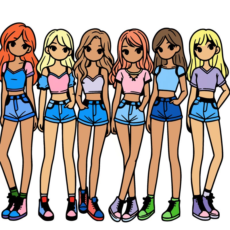 a group of girls wearing crop tops and shorts