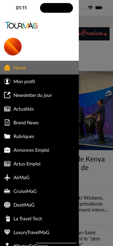 Sidebar menu of the TourMaG app featuring tourism industry news and job listings