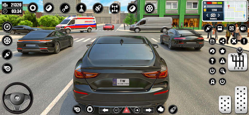 City Driving School Car Games - A black car navigating city traffic in a realistic driving school simulator with manual gear controls.