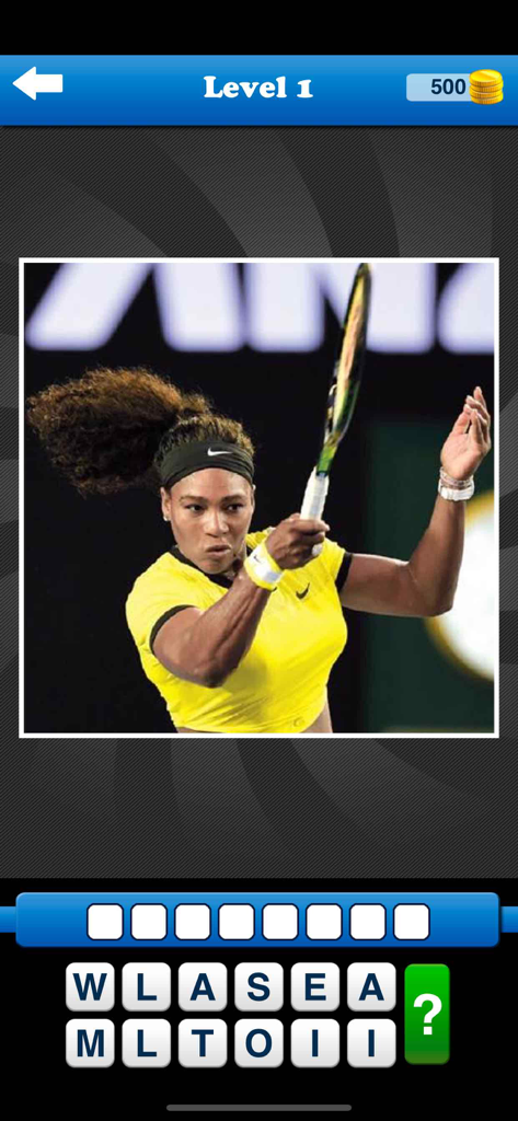 Whos the Player? Tennis Quiz! - Game screen from Whos the Player Tennis Quiz showing Serena Williams in level one