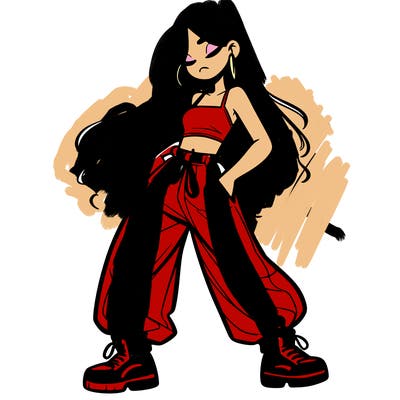 girl in baggy pants crop top and long hair