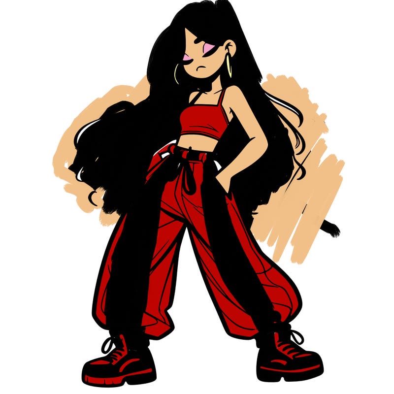 girl in baggy pants crop top and long hair