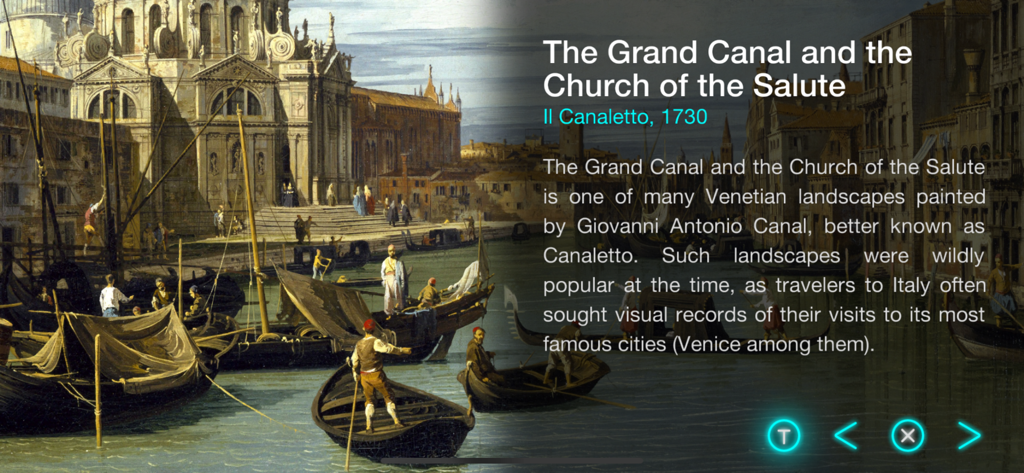 Art Legacy - Captura de pantalla de la aplicación Art Legacy con una pintura de Canaletto y una descripción histórica