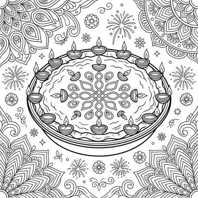 Immerse yourself in the festive spirit of Diwali with this unique coloring page featuring a beautifully decorated shepherd's pie. Adorned with traditional diyas and intricate rangoli patterns, it's a delightful blend of culinary comfort and celebratory charm.