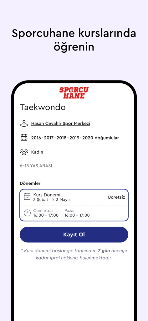 Kalbimiz Kağıthane - Mobile app screen showing Taekwondo sports course details and registration button in the Sporcuhane section of the Kalbimiz Kagithane app.