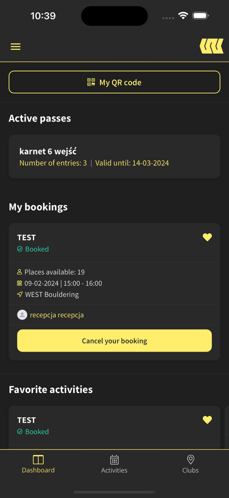 West Bouldering - Painel do aplicativo West Bouldering exibindo passes ativos, reservas e o botão de entrada com código QR