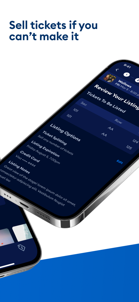 Oberfläche der AXS Tickets App, die einen Überprüfungsbildschirm für das Auflisten von Tickets zum Verkauf zeigt.