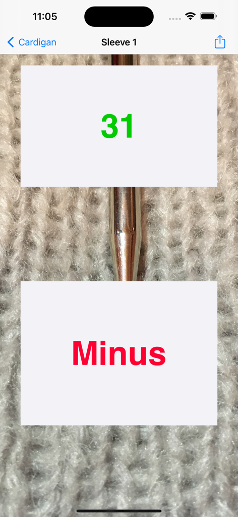 RowCounter - RowCounter App-Oberfläche zeigt Reihe 31 für ein Strickjacken-Ärmelprojekt