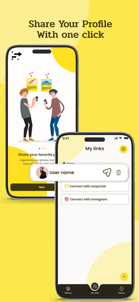 SendSnap app interface for sharing social media profile links and connecting Snapchat and Instagram accounts.