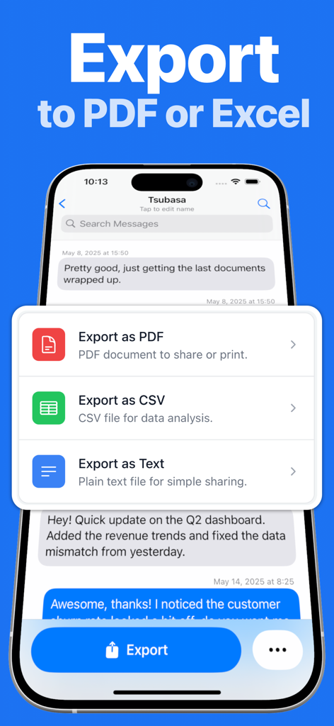 TextPort: Text Message Export - Pantalla que muestra las opciones de la aplicación TextPort para exportar mensajes de iPhone a PDF, CSV o texto plano.