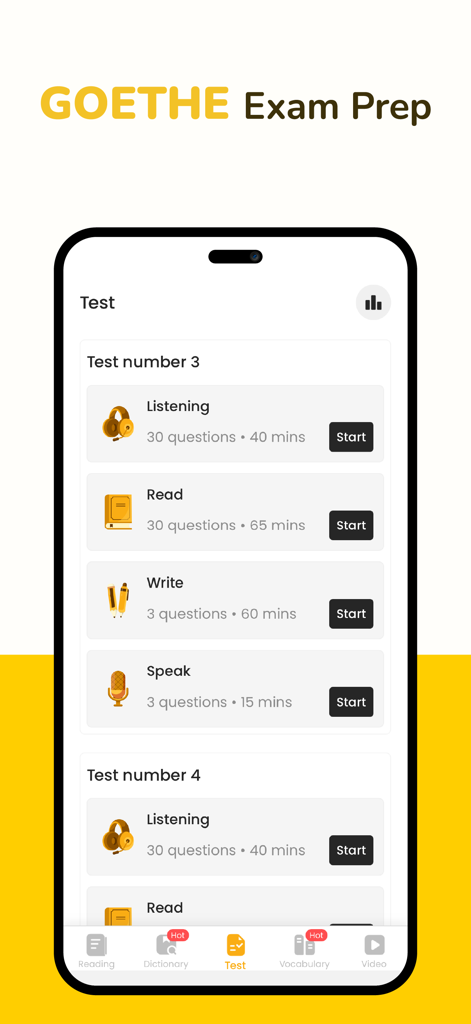 Todaii: Learn German A1-C1 - Todaii German app interface showing Goethe exam preparation modules for listening, reading, writing, and speaking.