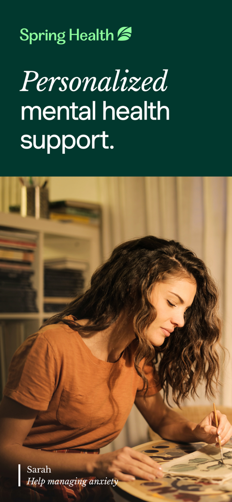 Spring Health 앱 화면, 여성이 그림을 그리며 맞춤형 정신 건강 지원 및 불안 관리 텍스트가 표시됨