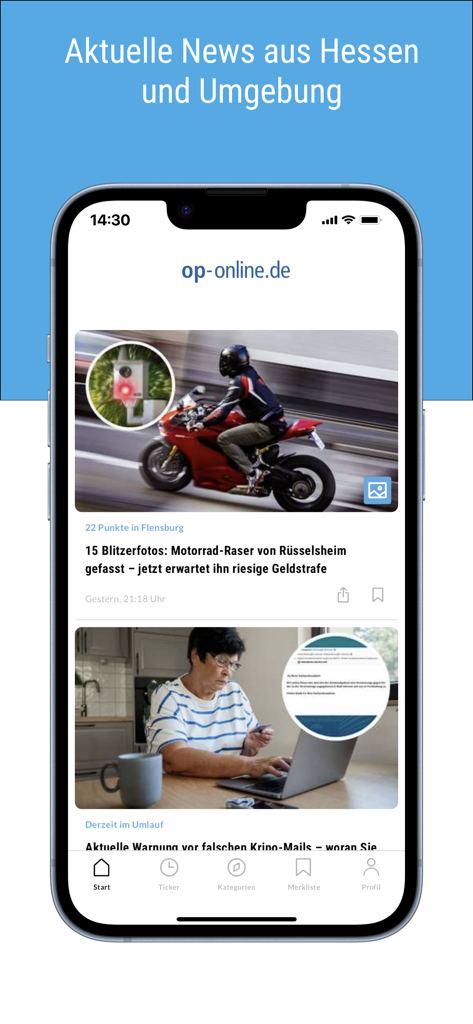 op-online.de - Main feed of the op-online news app displaying local German news articles from the Hesse region